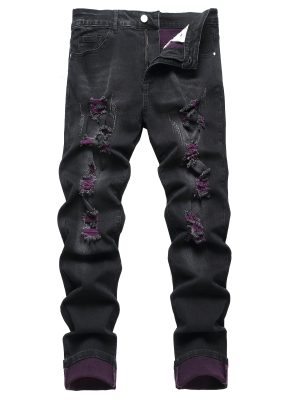 Men'S Purple And Black Distressed Denim Jeans