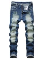 Men's Distressed Blue Denim Jeans with Ripped Detailing and Button Fly