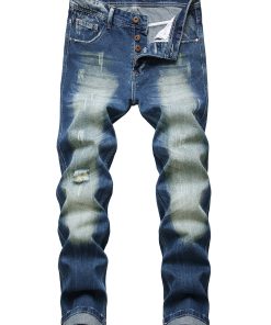Men's Distressed Blue Denim Jeans with Ripped Detailing and Button Fly