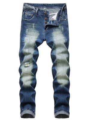 Men's Distressed Blue Denim Jeans with Ripped Detailing and Button Fly