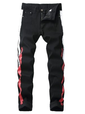 Men's stretch black jeans with striped webbing