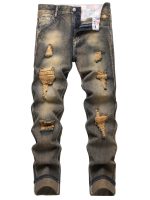 Men's Yellow Jeans; Ripped Jeans; Vintage Classic Jeans