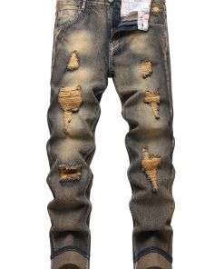 Men's Yellow Jeans; Ripped Jeans; Vintage Classic Jeans