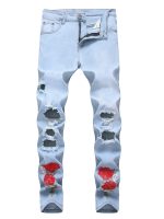 Stretch Skinny Ripped Jeans Men's Stretch Skinny Ripped Jeans, Light Blue Embroidered Retro Fashion Slim Fit Men's Jeans (1868)