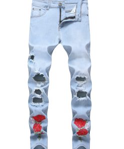Stretch Skinny Ripped Jeans Men's Stretch Skinny Ripped Jeans, Light Blue Embroidered Retro Fashion Slim Fit Men's Jeans (1868)