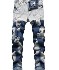 Men'S Ripped Jeans; Two-color Jeans; Color-blocked Ripped Jeans.
