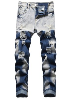 Men'S Ripped Jeans; Two-color Jeans; Color-blocked Ripped Jeans.