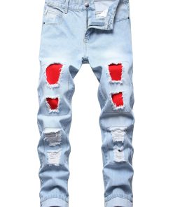 Men's torn red taped jeans are light blue
