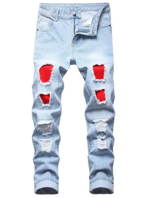 Men's torn red taped jeans are light blue