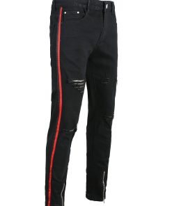 Men's black ankle zipper ripped jeans stretch slim