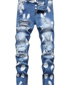 Large Ripped Zipper Jeans Men's large jeans with ripped zipper stretch pants