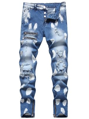Large Ripped Zipper Jeans Men's large jeans with ripped zipper stretch pants